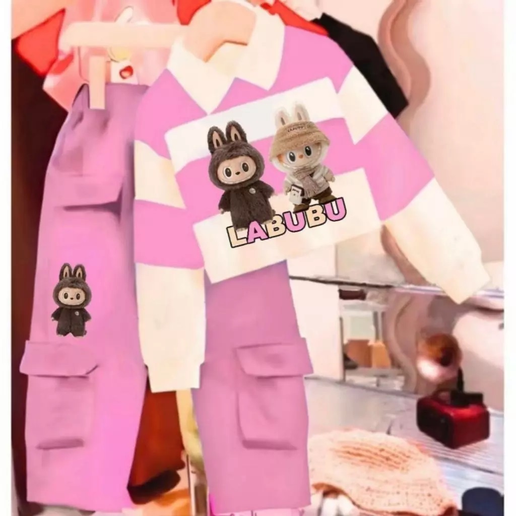SALWA-Set Labubu Collar Girls Sweater Set CropTop Strip Cargo Fashion Shirt and Pants
