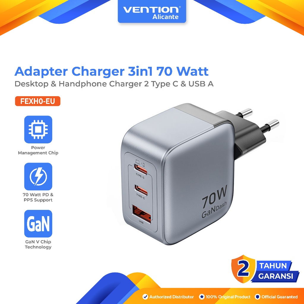 Vention 3 in 1 70W 2 Type C Charger Head Adapter - USB A GaN5 Dash Series Fast Charging 70W/70W/22.5