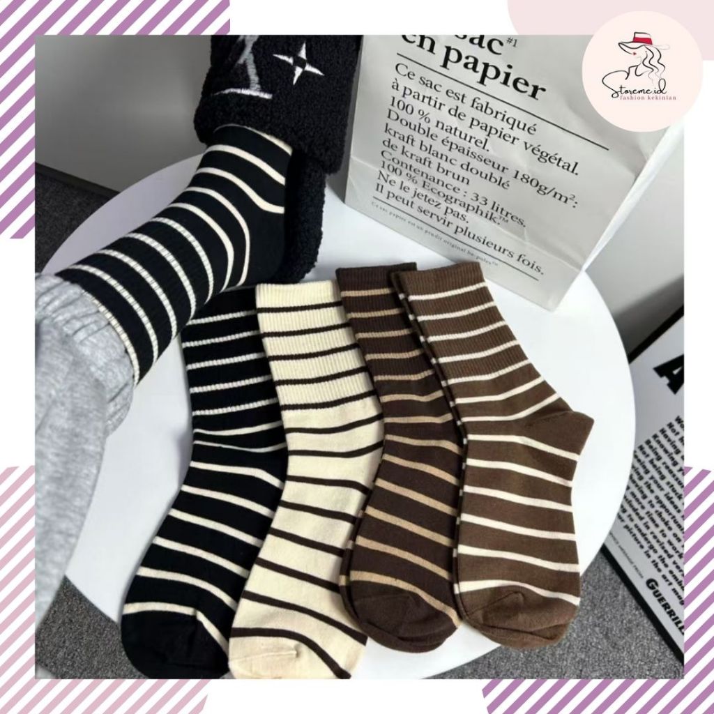 MATA •Storeme.id•KK1970 ถุงเท้ายาวลายทาง Unisex ถุงเท้าสแปนเด็กซ์เหนือข้อเท้า