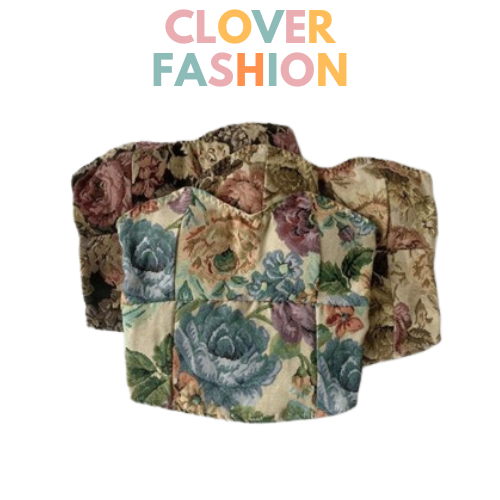 CF Top Vintage Floral Premium Sabrina Kemben Lace Vest V คอ Crop Top Slim Fit BRK48