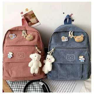 Tas Ransel Sekolah Corduroy Motif Beruang Korean Backpack Wanita Anak Perempuan Tas Cewe Cantik