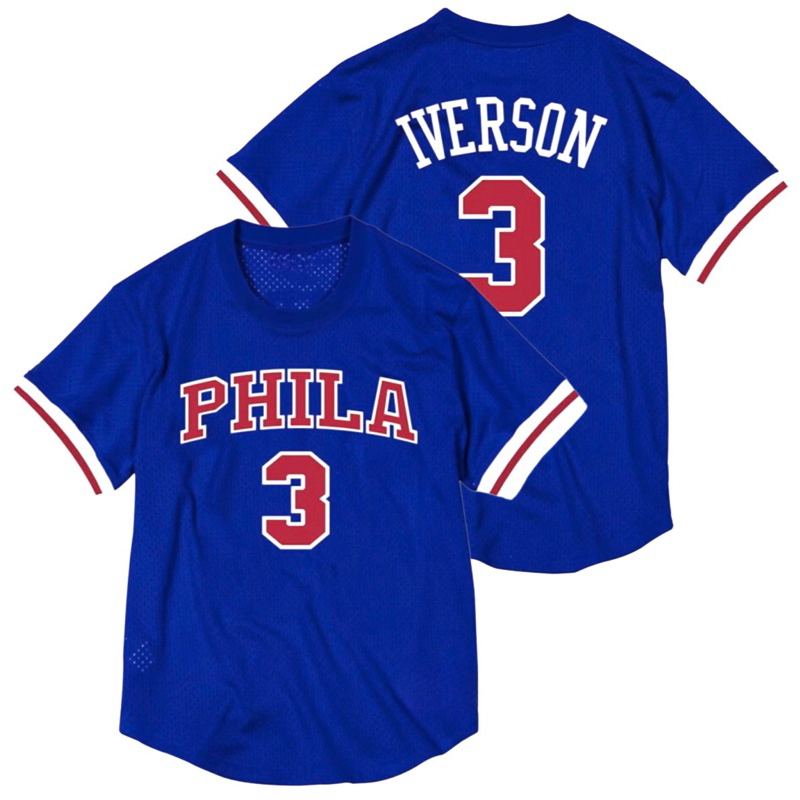 นําเข้า EMBROIDERED BASKETBALL JERSEY SLEEVE PHILADELPHIA SIXERS 3 ALLEN IVERSON BLUE