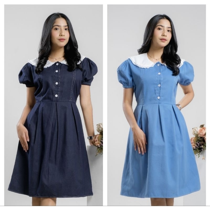 [Mitoyou] - Nagita Denim Dress - Midi Dress Denim Casual Short Sleeve Dress