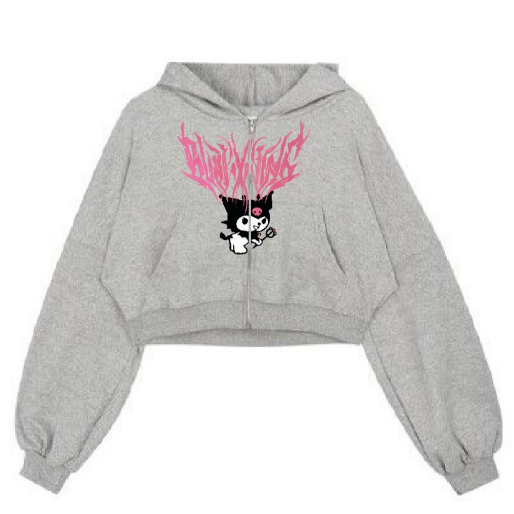 BOHEL - KUROMI FLEECE ZIPPER CROP HOODIE ดีไซน์น่ารัก