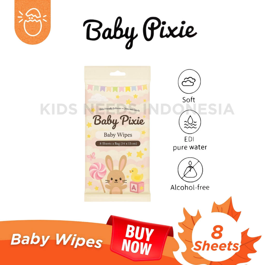 Baby Pixie Wipes 8 แผ่น Soft & Non-Alcoholic Baby Wet Wipes - แพ็คเดินทาง