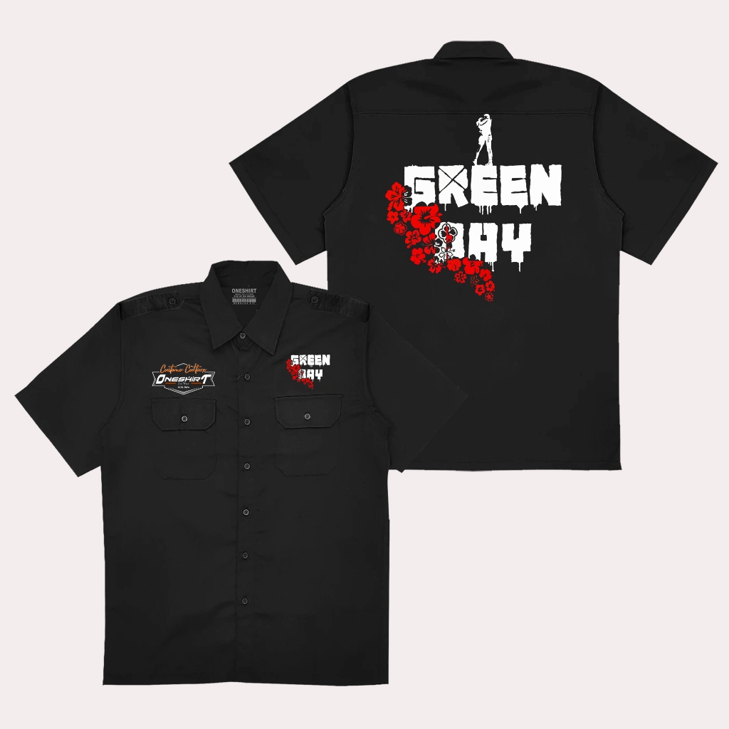 KEMEJA Oneshirt Greenday Rose Workshirt Shirt Black Music Pdh Shirt