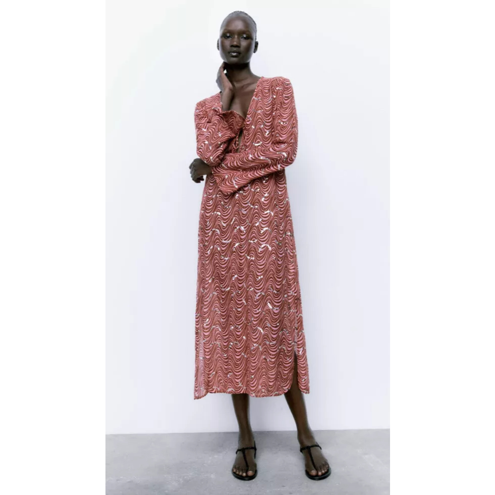 ZARA WOMAN BEADED MIDI DRESS สีชมพู