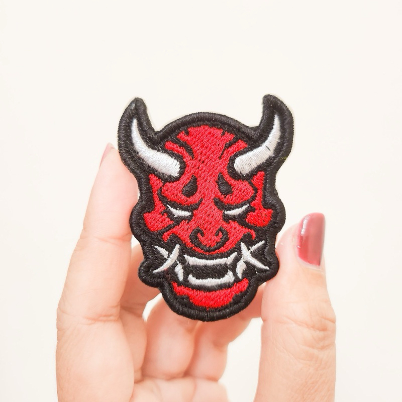 JAPANESE GHOST EMBROIDERY PATCH / ONI RED MASK EMBROIDERY BADGE / SCARY MASK IRON PATCH