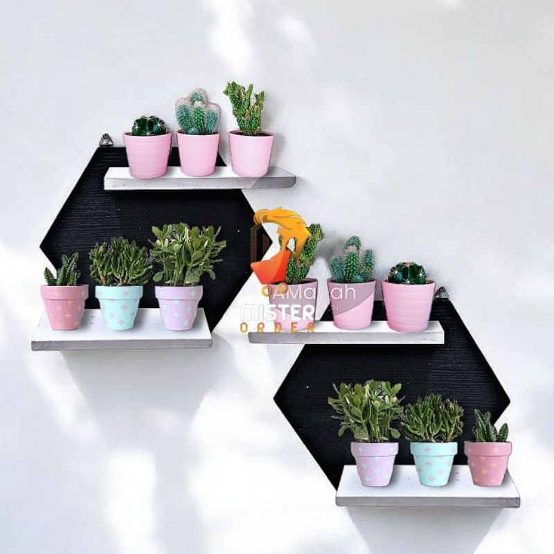 2 ชิ้น HEXAGONAL WALL SHELVES RKA082 - MINIMALIST WALL SHELVES - DOUBLE WALL DISPLAY SHELVES MESTER 