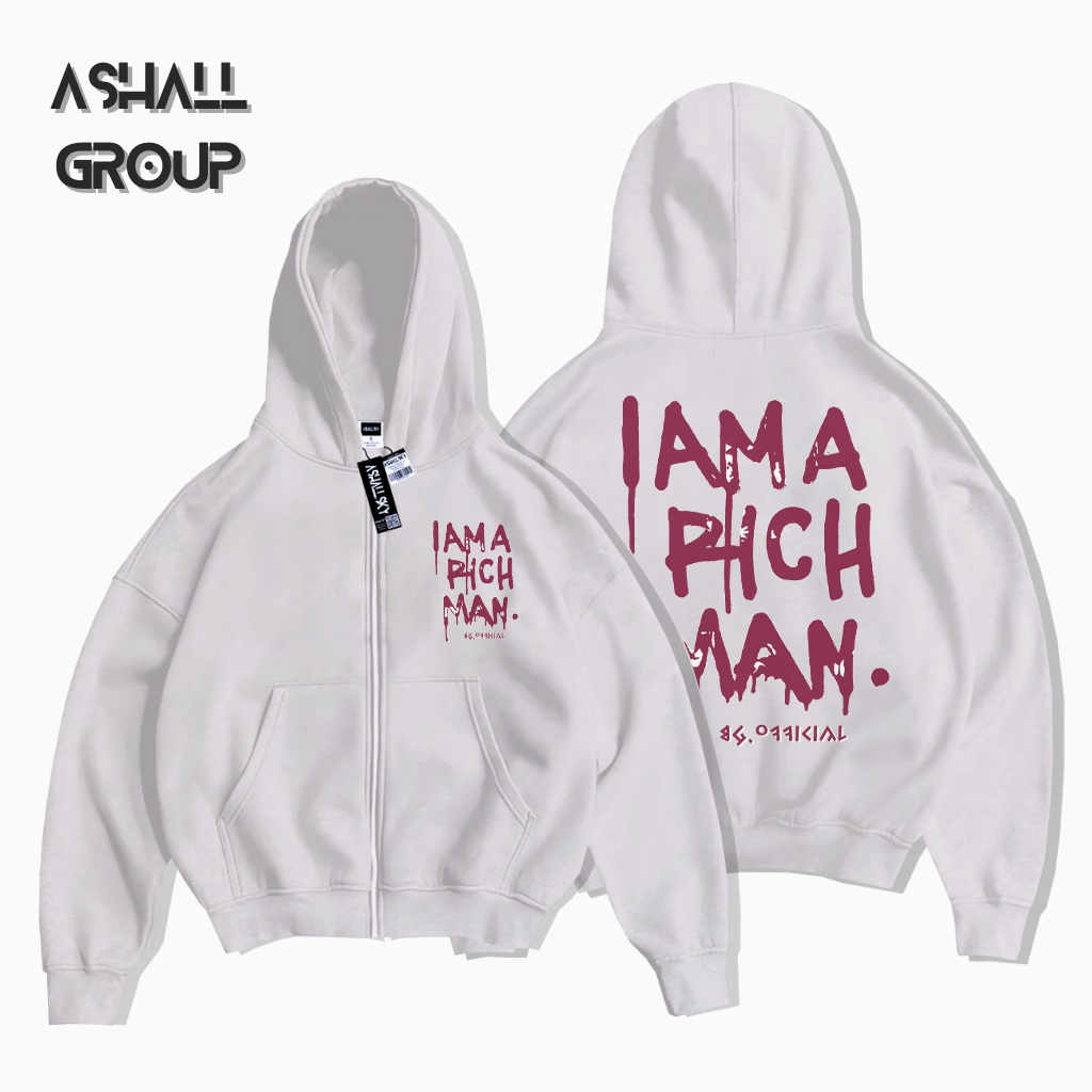 KATUN Wahyu Keliambi Im Rich White Boxy Zipper Hoodie Jacket, Gsm 28 วัสดุผ้าฝ้าย