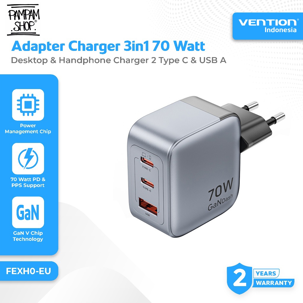 VENTION FEXH0-EU Adapter Charger Head 3 in 1 70W 3A 2 Type C USB A GaN Dash Series Super Fast Chargi