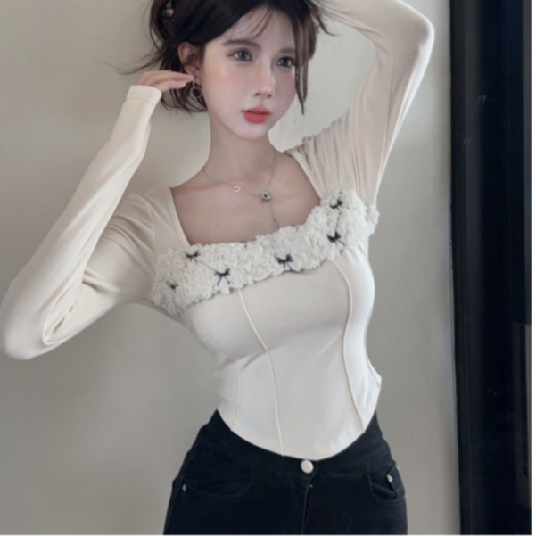 [tuda] เสื้อแขนยาวคอเหลี่ยมและริบบิ้นลูกไม้ | แขนยาวถักลูกไม้ริบบิ้นหรูหรา | เสื้อเบลาส์ดีไซน์ริบบิ้