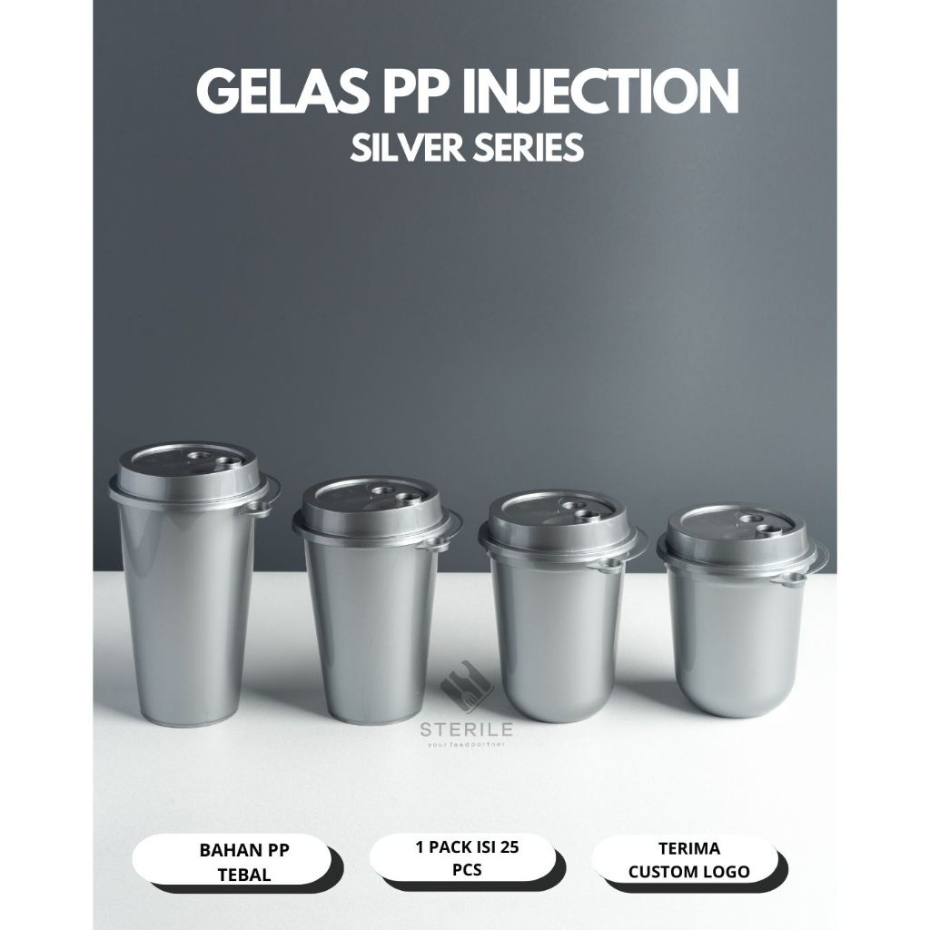 PP INJECTION THINWALL GLASS 12 / 14 / 16 SILVER COLOR + FLAT OVAL LID / THICK COFFEE GLASS