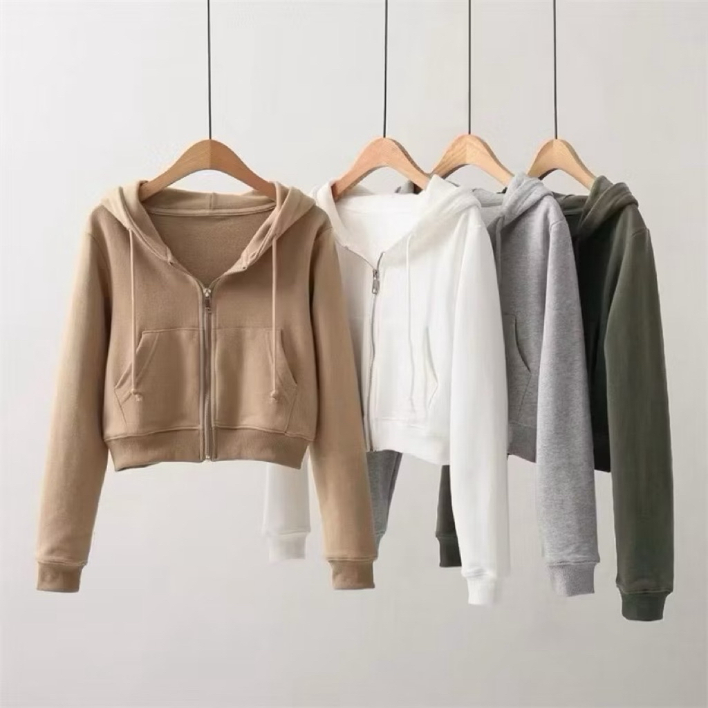 สินค้าขายดี Basic Crop Fleece Zipper Hoodie Jacket ทุกขนาด