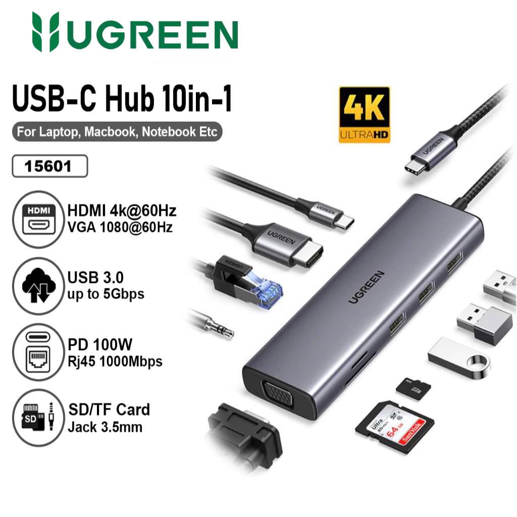 UGREEN ฮับ USB 10 in 1 Type C ถึง RJ45 การ์ด HDMI VGA SD Aux 3.5 มม. 15601