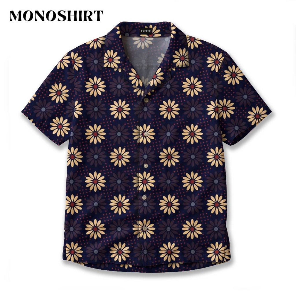 KEMEJA MONO Unisex Navy Daisy Floral Fullprint Shirt – เสื้อเชิ้ตลายดอกไม้สุนทรียศาสตร์แขนสั้น | MS-