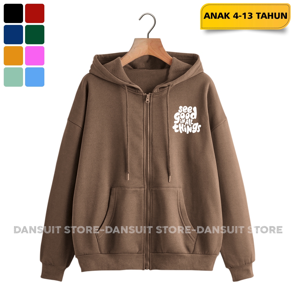 เสื้อแจ็คเก็ตมีฮู้ดซิปสําหรับเด็กผู้ชาย/เด็กผู้หญิงอายุ 4-14 ปีสกรีนพิมพ์ SEE GOOD ALL THING วัสดุหนาพรีเมี่ยม