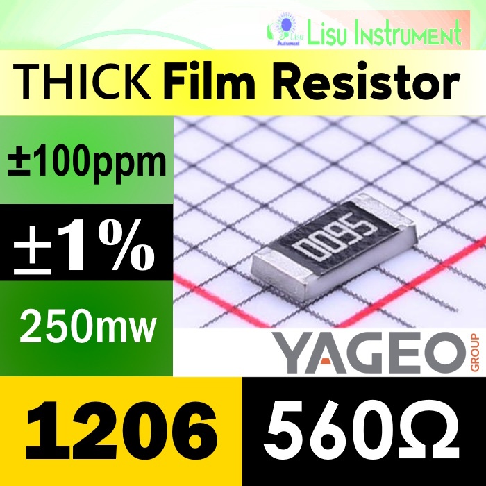 560Ω 1206 ±1% 250mW ตัวต้านทานฟิล์มหนา SMD 200V ±100ppm/°C 560R 5600 RC1206FR-07560RL YAGEO