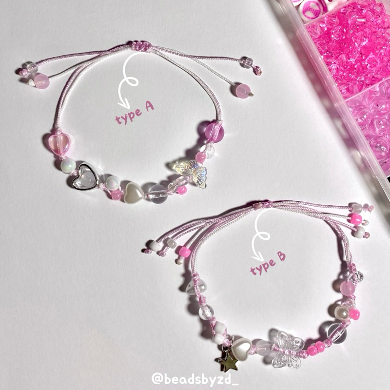 Aesthetic Pink Butterfly Drawstring Beaded Bracelet/Coquette Bracelet/Pink Jade Rope Bracelet for Gi