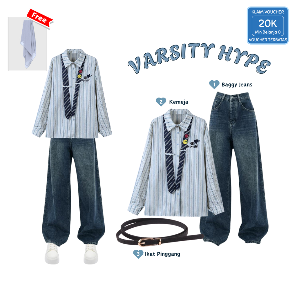 KEMEJA LF82 - Y2K Outfit Korean 3in1 (เสื้อเชิ้ตลายทางเกาหลี Y2K, Baggy Jeans, Belt, Bella Square)