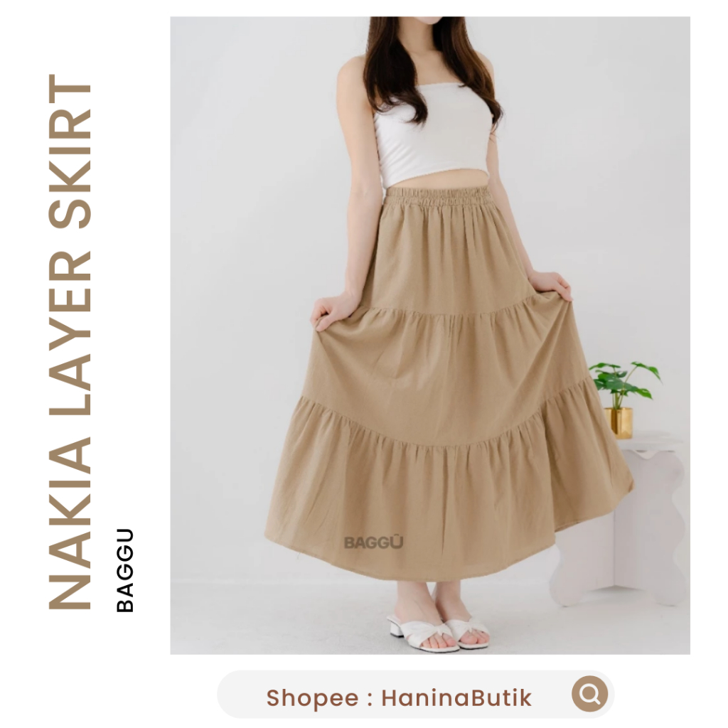 (READY TO SHIP) NAKIA LAYER SKIRT TAUPE LXL โดย BAGGU | กระโปรงสตรี MUFFLE LAYER | กระโปรงผ้าลินิน