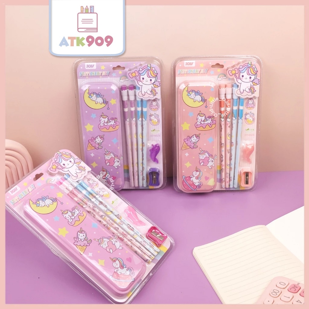 ATK909 ชุดเครื่องเขียน 7-in-1 เครื่องเขียนสําหรับเด็กกล่องดินสอชุดศึกษากรณี SANRIO UNICORN เครื่องเข