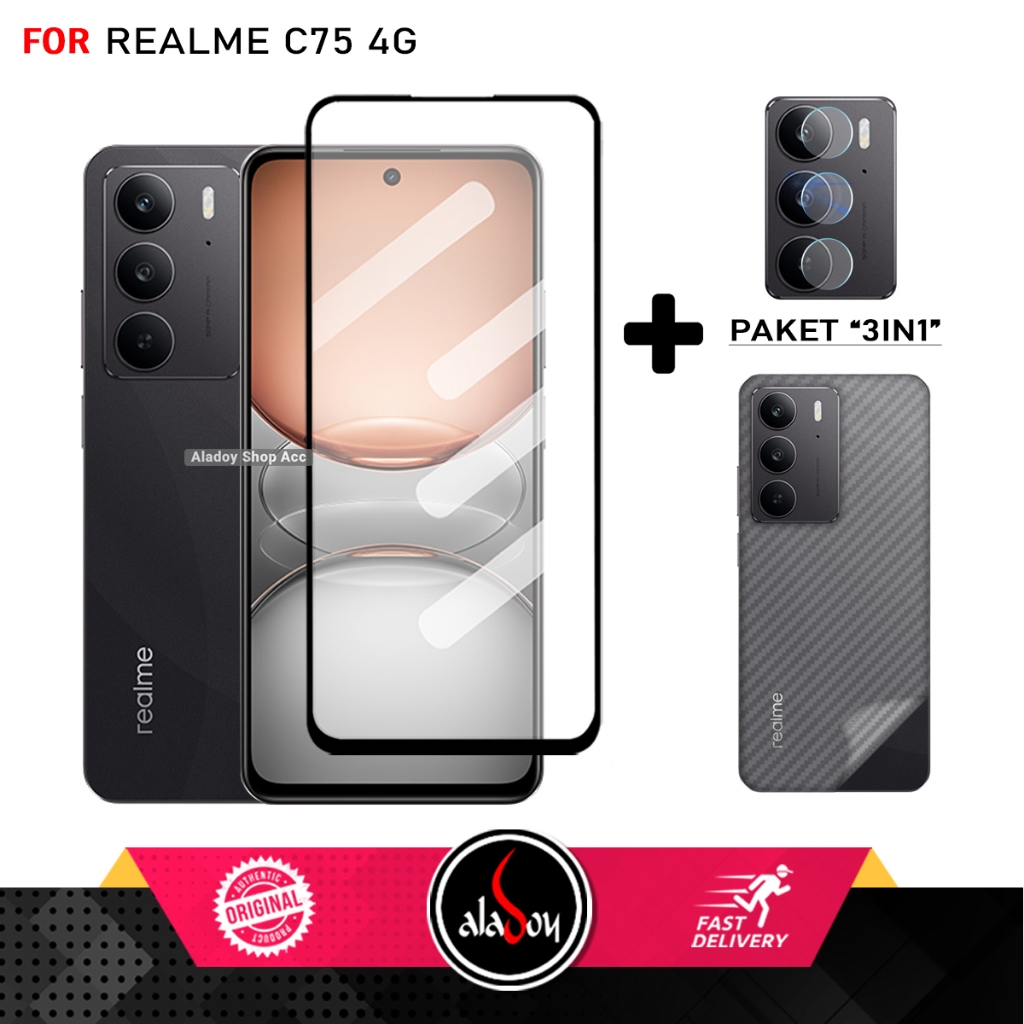 3-in-1 กระจกนิรภัย Anti-Static Reame C75 4G แพ็คเกจฟรีกล้องกระจกนิรภัยและคาร์บอนผิว