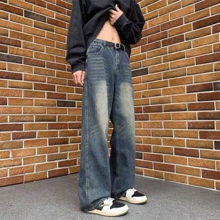Baggy Jeans Gombrong Pria Celana Panjang Jeans Skena UNISEX Whisker Biru Retro Premium