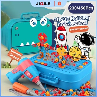 JIQILE DIY 3D Mainan Tool Box Set Perbaikan Anak 230/450pcs Mainan Bor Listrik Mainan Alat Tukang Anak Edukasi