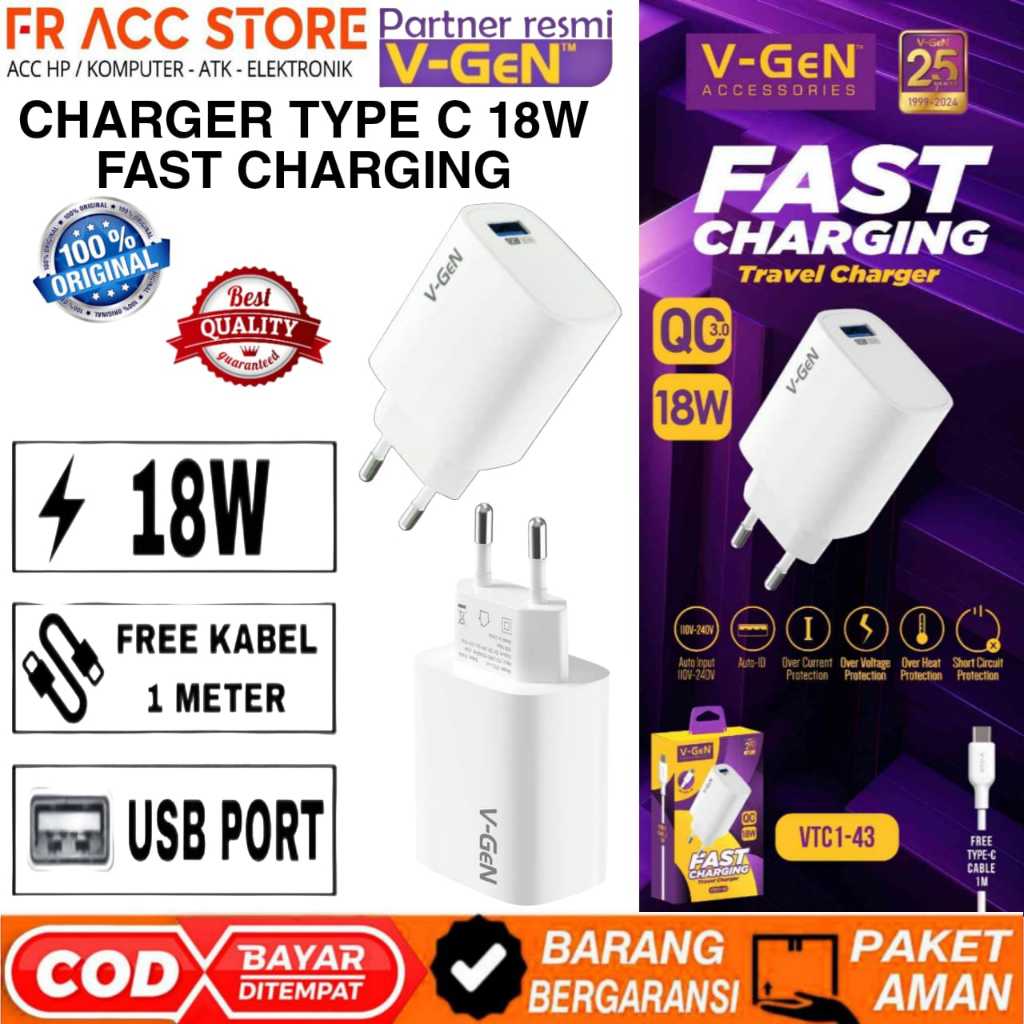 Charger Fast CHARGING ประเภท C 18W V-GeN VTC1-43 Fast CHARGING QC3.0 18W ฟรีสาย 1M ประเภท C VGEN VTC
