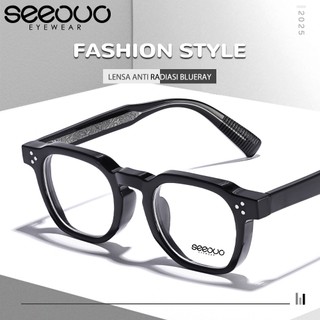 Seeouo Kacamata Antiradiasi Blueray Fashion Style Kotak Retro TR90+ Acetate Trendy Vintage Frame Pria Wanita Bisa Minus Photocromic Bluecromic 1045