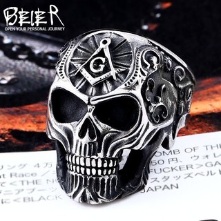 Cincin Kepala Tengkorak Logo G Beier Stainless Premium - Silver Black G Skull Head Skeleton Titanium Steel Freemasonry / Aksesoris Tengkorak Pesta Cosplay Halloween Party Biker Hip Hop Punk Gothic Manly Macho Cincin Tebal Tahan Lama Awet