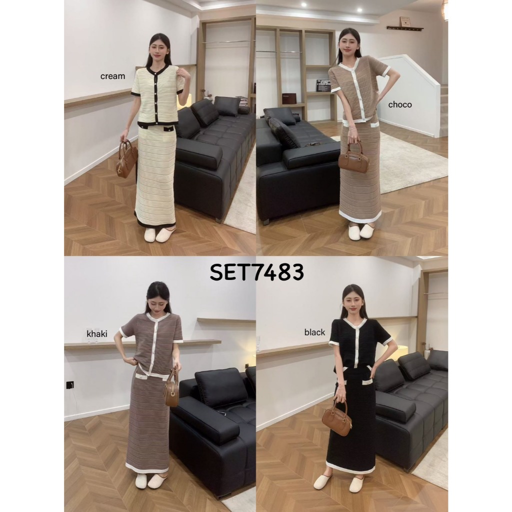 SET7483 Chic Textured Contrast Top n ชุดถักกระโปรง