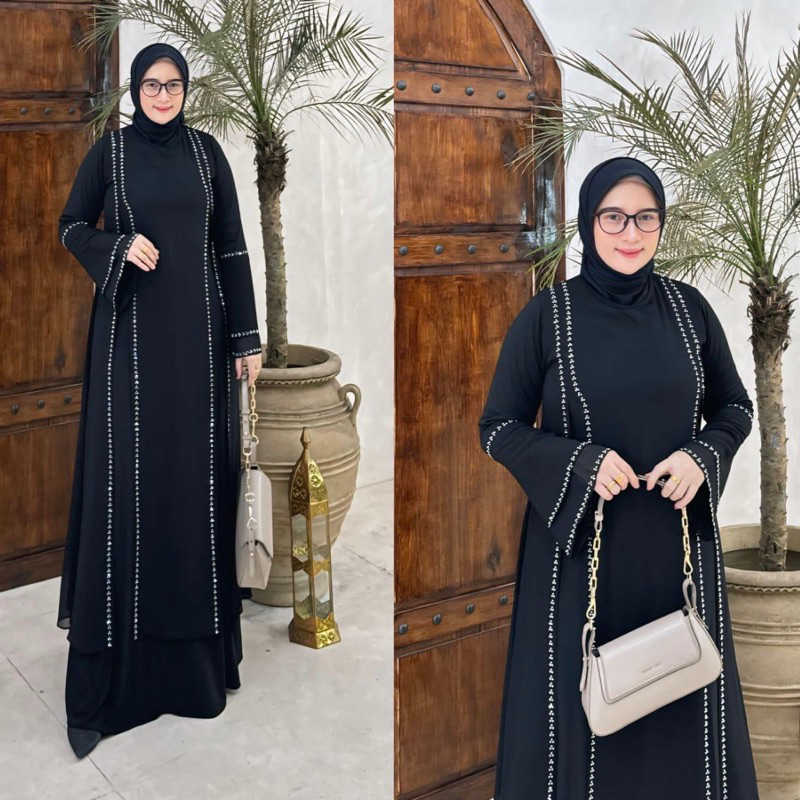 HITAM TURKEY ABAYA GAMIS BLACK SEQUENCE SWAROVSKI GOLD HAND TRUMPET SIMPLE ELEGANT