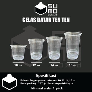 [1 PAK ISI 50 PCS] Gelas Datar TENTEN 10Oz 12Oz 14Oz 16Oz / Cup Plastik Bening Jus Minuman