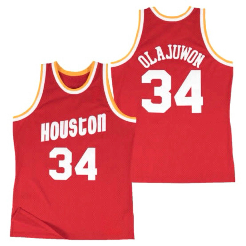 MERAH นําเข้า EMBROIDERY JERSEY BASKETBALL SHIRT CLASSIC HOUSTON ROCKETS 34 HAKEEM OLJUWON สีแดง