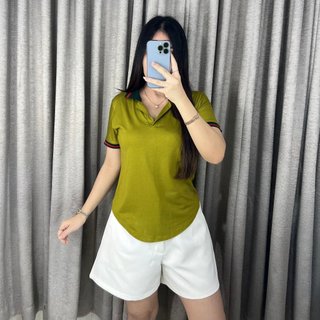 Atasan Kerah V Lengan Pendek Bawah Oval