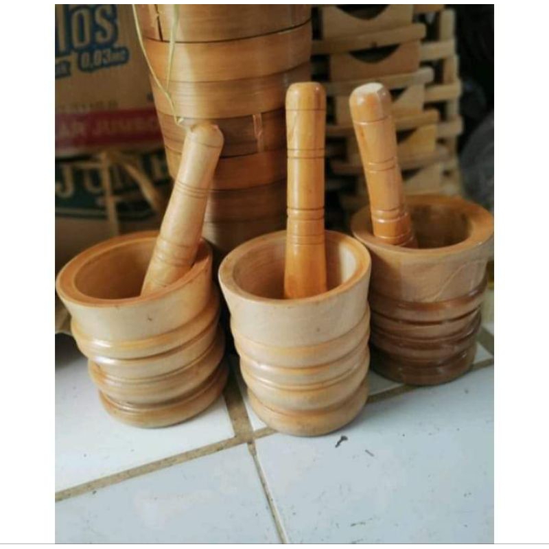 WOODEN MORTAR SET + POUNDER / PREMIUM TUMPENG MORTAR / SPICE MORTAR ขนาดเล็ก 13x15 cm
