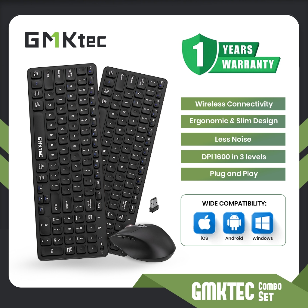 GMKtec Keyboard Combo ชุดคีย์บอร์ดและเมาส์ไร้สายขนาดเต็มที่เงียบสงบ, การออกแบบเพรียวบางบางเฉียบ 2.4G