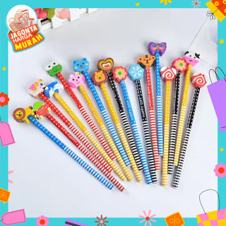 JHM Pensil Karakter Kartun Lucu Motif Garis Polkadot Pensil Karakter + Penghapus Pensil Lucu Ada Penghapus 3D Pensil Fancy Unik Pensil Warna-Warni Untuk Souvenir Alat Tulis Sekolah TK SD Cartoon Pencil With Eraser