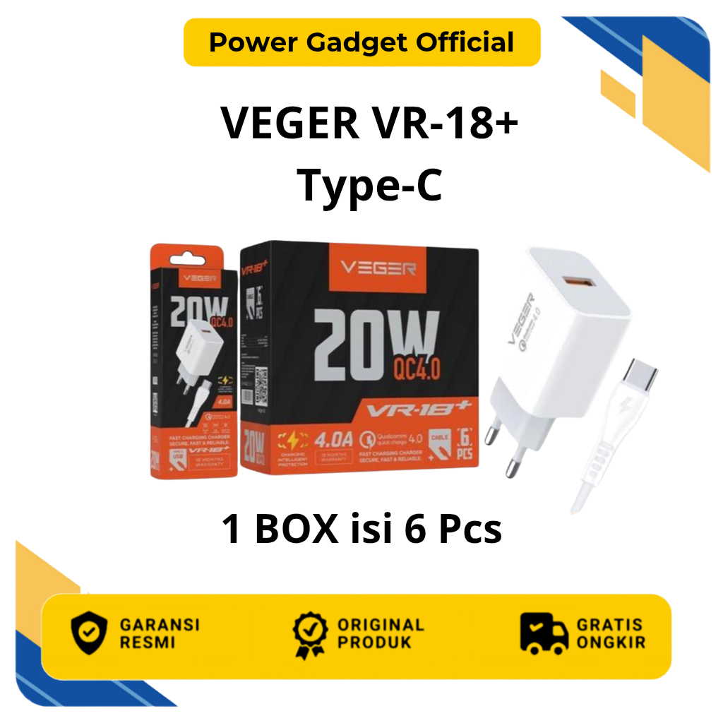 VEGER 20W VR18+ เครื่องชาร์จ (1 กล่อง มี 6) TYPE-C Qualcomm fast charger 3.0A 1port พร้อม ORIGINAL O