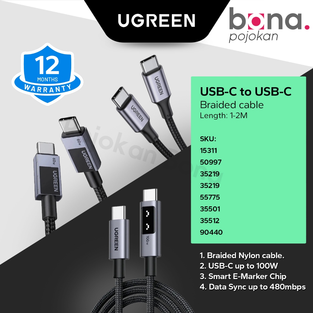 Ugreen สายชาร์จ Android Type C ถึง C 60W 100W 240W ไนลอนชาร์จเร็ว