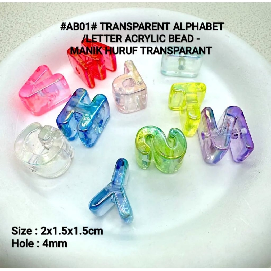 AB01 PART-1 (AL) ALPHABET BEADS/TRANSPARENT LETTERS/ACRYLIC ALPHABET LETTER BEAD (Min order Rp. 20 พ