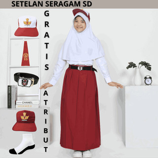 Baju Sd Super Lengkap Kemeja Putih Lengan Panjang Setelan Seragam Sekolah Anak Perempuan Rok Merah