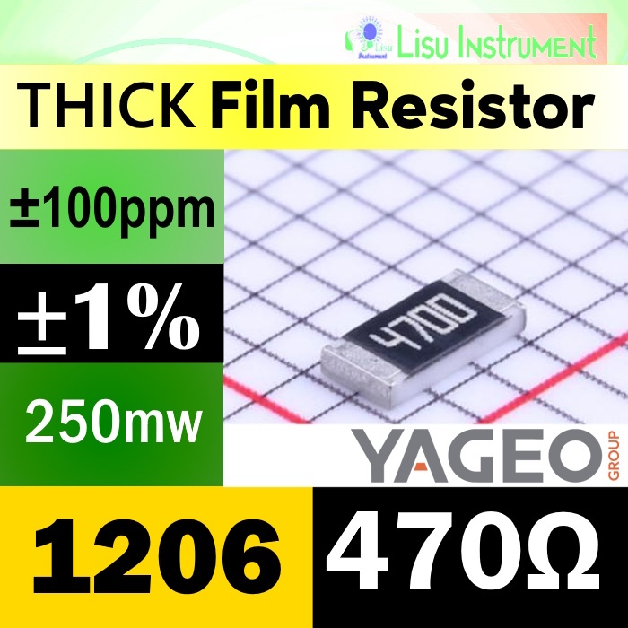 470R 1206 ±1% 250mW ตัวต้านทานฟิล์มหนา SMD 200V ±100ppm/°C 470R 4700 RC1206FR-07470RL YAGEO