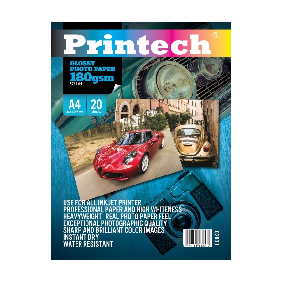 กระดาษภาพถ่ายเคลือบเงา Printech A4 180 เนื้อหา GSM 20LBR