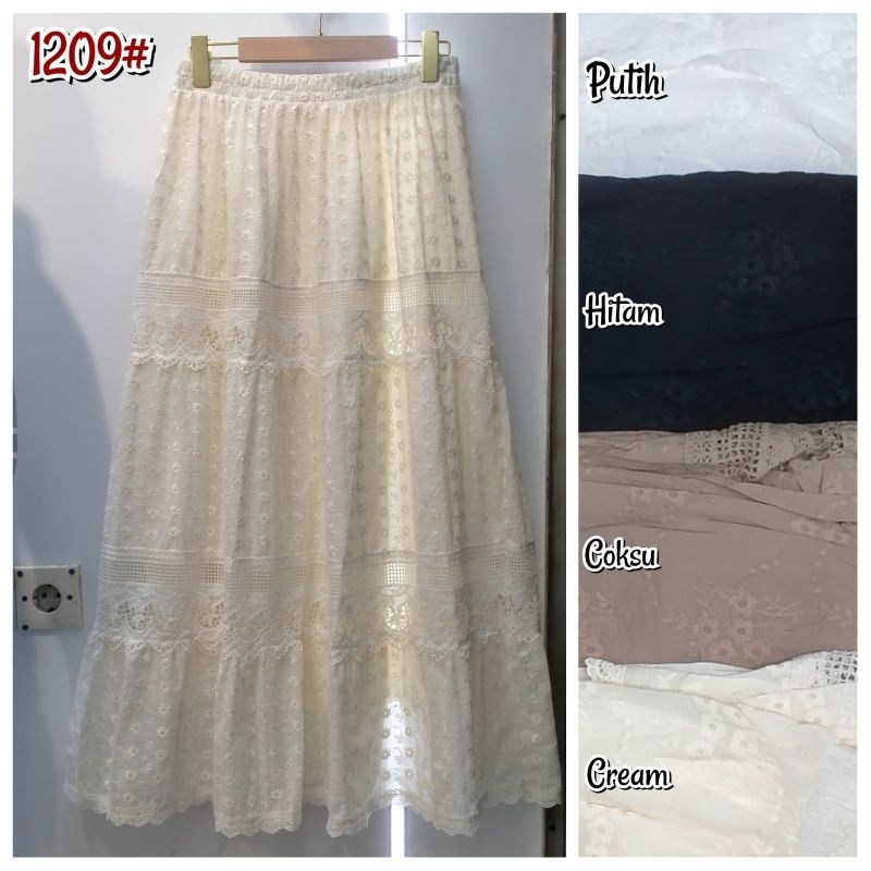 RLS กระโปรงแม็กซี่คอตตอนพรีเมี่ยมนําเข้าลายดอกไม้ Motif ลูกไม้นูน Combi