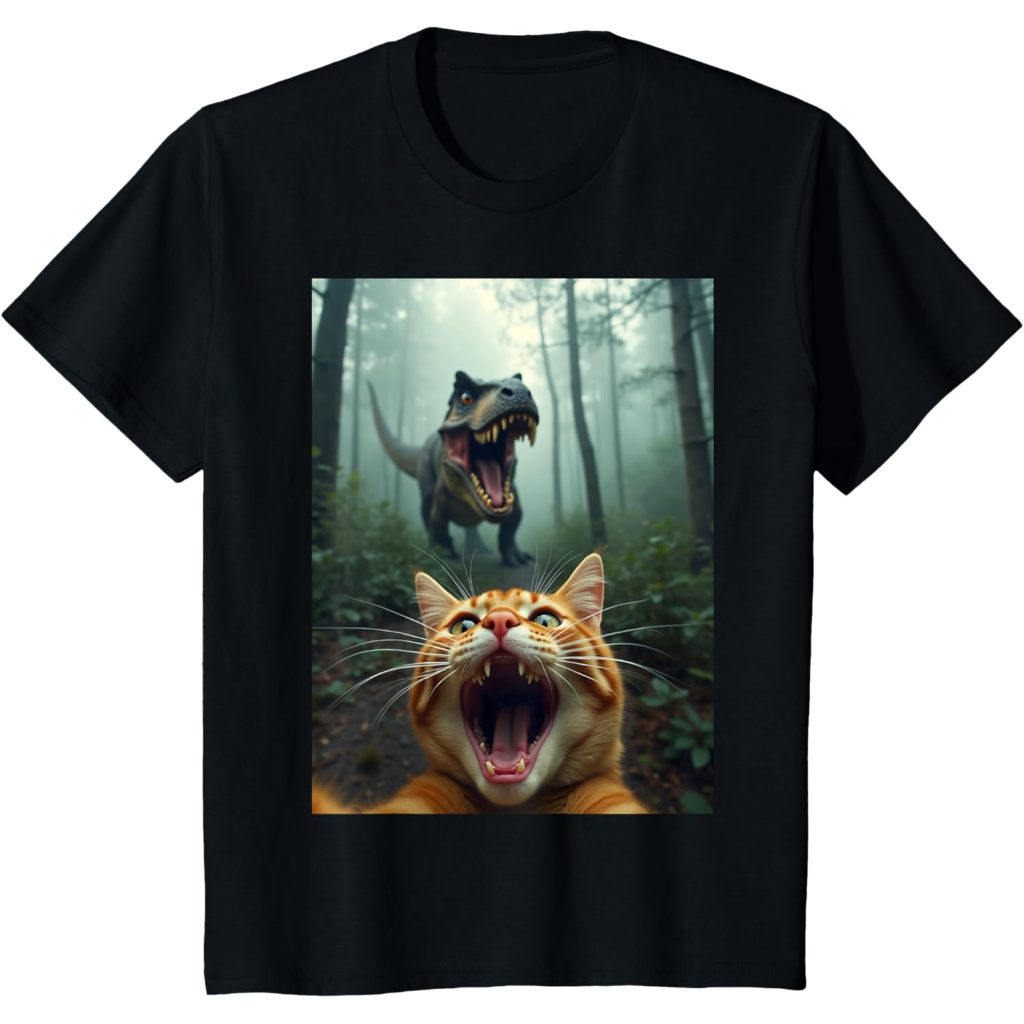 Kids Cat Selfie พร้อมเสื้อยืดไดโนเสาร์ T-Rex