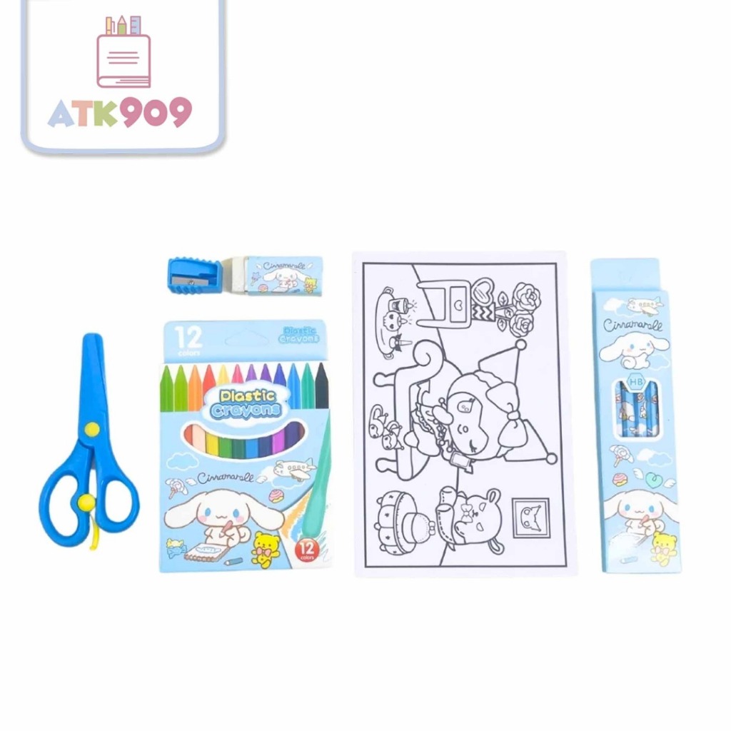 ATK909 6IN1 SANRIO Drawing Crayon Set กรรไกรดินสอยางลบระบายสี Goodiebag ชุดเครื่องเขียน