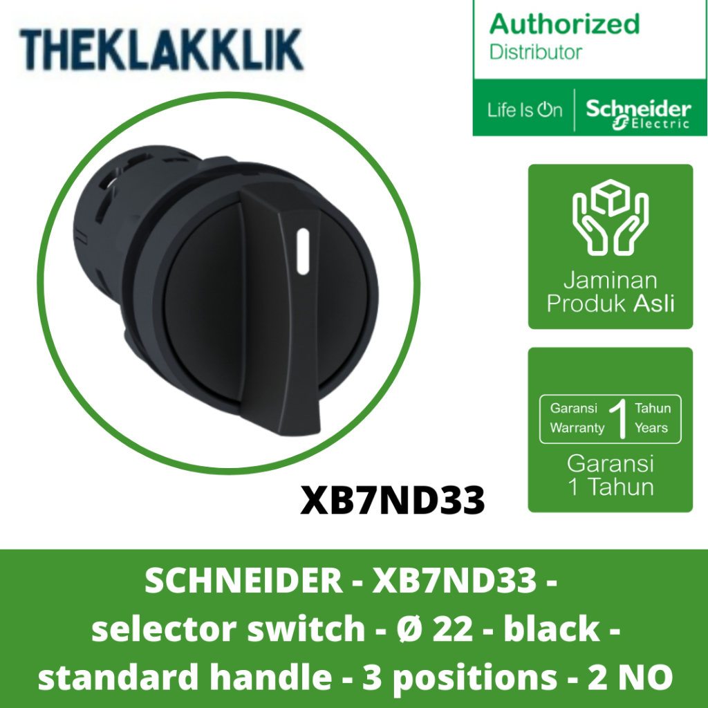 SCHNEIDER - XB7ND33 - สวิตช์เลือก - Ø 22 - สีดํา - ด้ามจับมาตรฐาน - 3 ตําแหน่ง - 2 NO